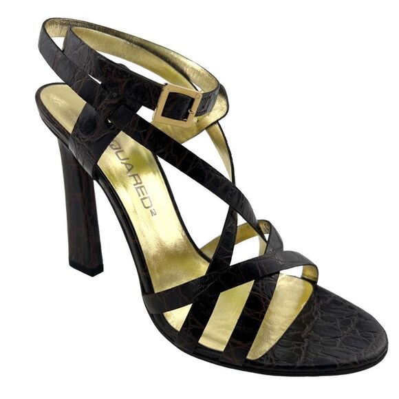New Dsquared2 Women US 8 Brown Croc Embossed Leather High Heel Sandals | $650 - Picture 7 of 17
